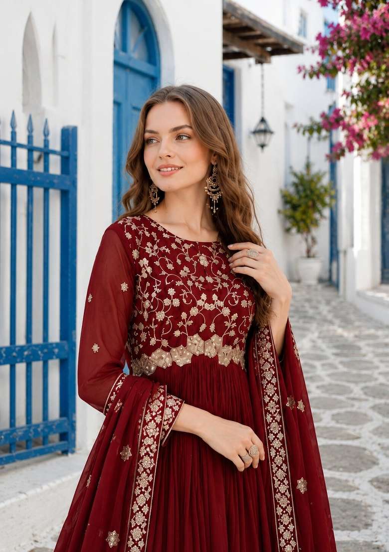 Maroon Embroidered Georgette Anarkali With Dupatta - Indya