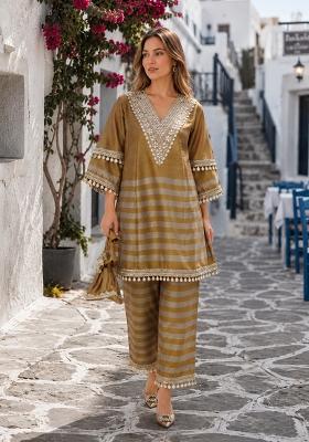 Mustard Embroidered Tissue Kurta Set