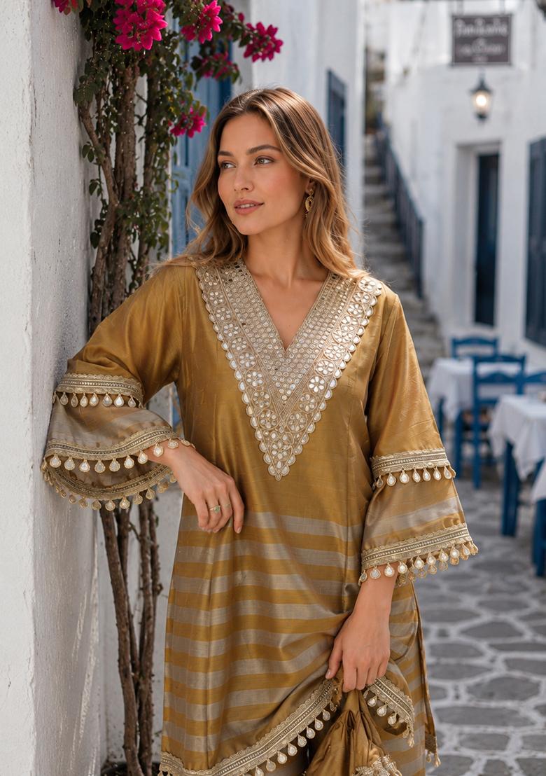 Mustard Embroidered Tissue Kurta Set - Indya