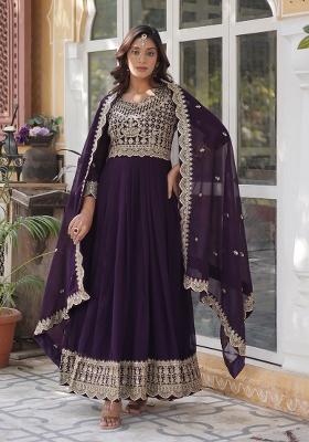 Purple Embroidered Georgette Anarkali With Dupatta