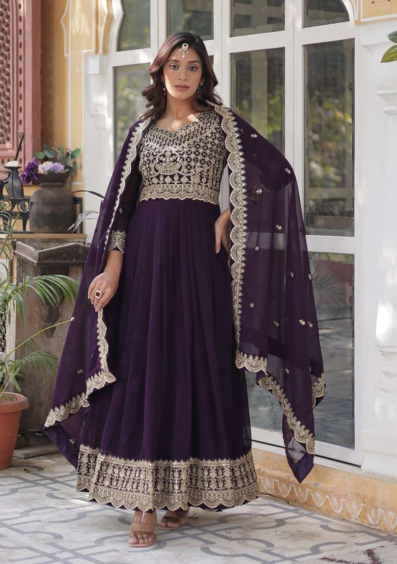 Purple Embroidered Georgette Anarkali With Dupatta - Indya