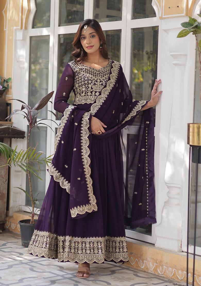 Purple Embroidered Georgette Anarkali With Dupatta - Indya