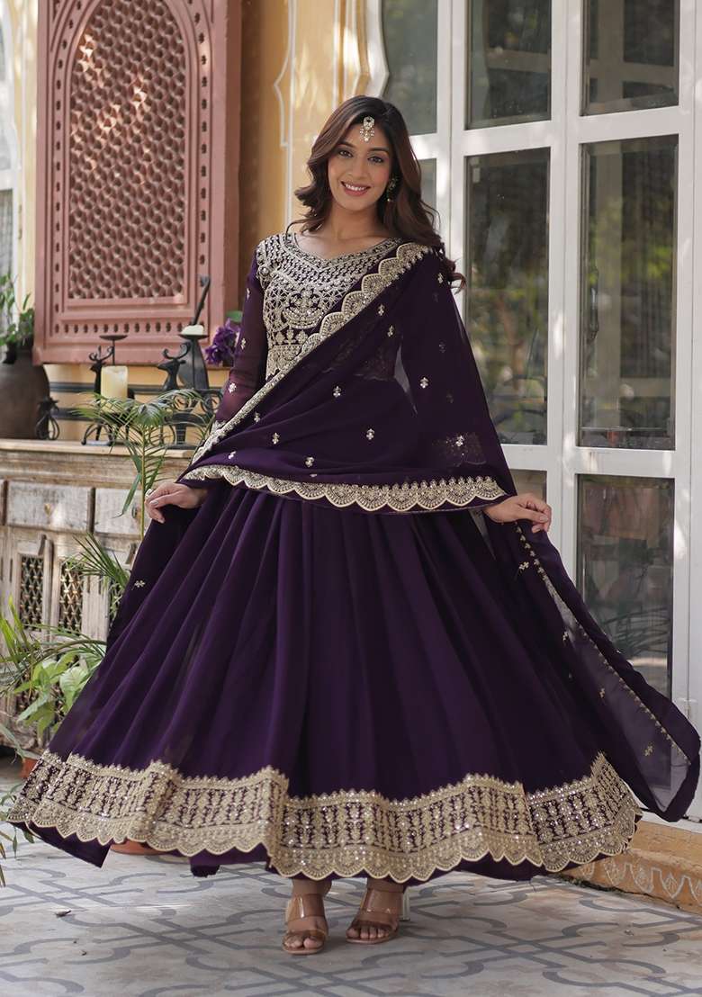 Purple Embroidered Georgette Anarkali With Dupatta - Indya