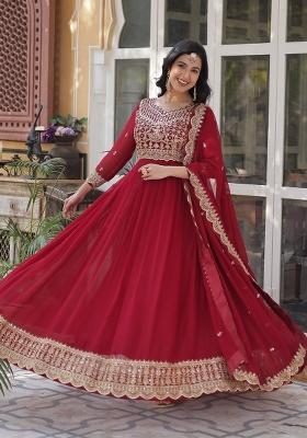 Red Embroidered Georgette Anarkali With Dupatta