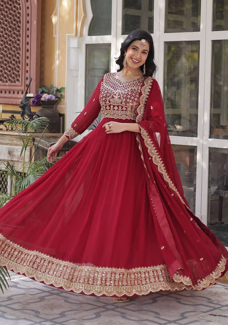 Red Embroidered Georgette Anarkali With Dupatta - Indya
