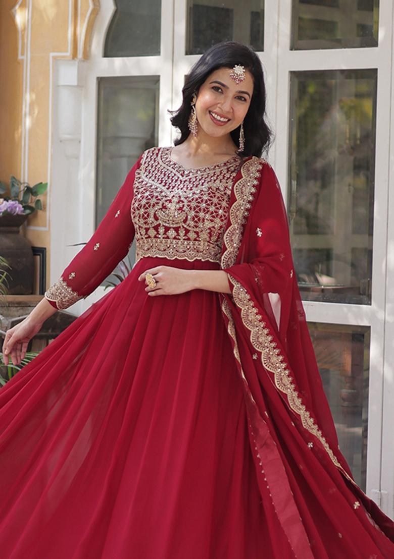 Red Embroidered Georgette Anarkali With Dupatta - Indya