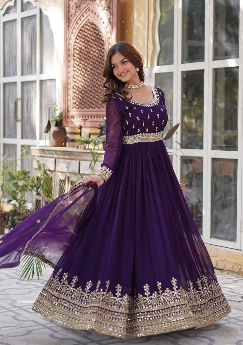 Purple Embroidered Georgette Anarkali With Dupatta - Indya