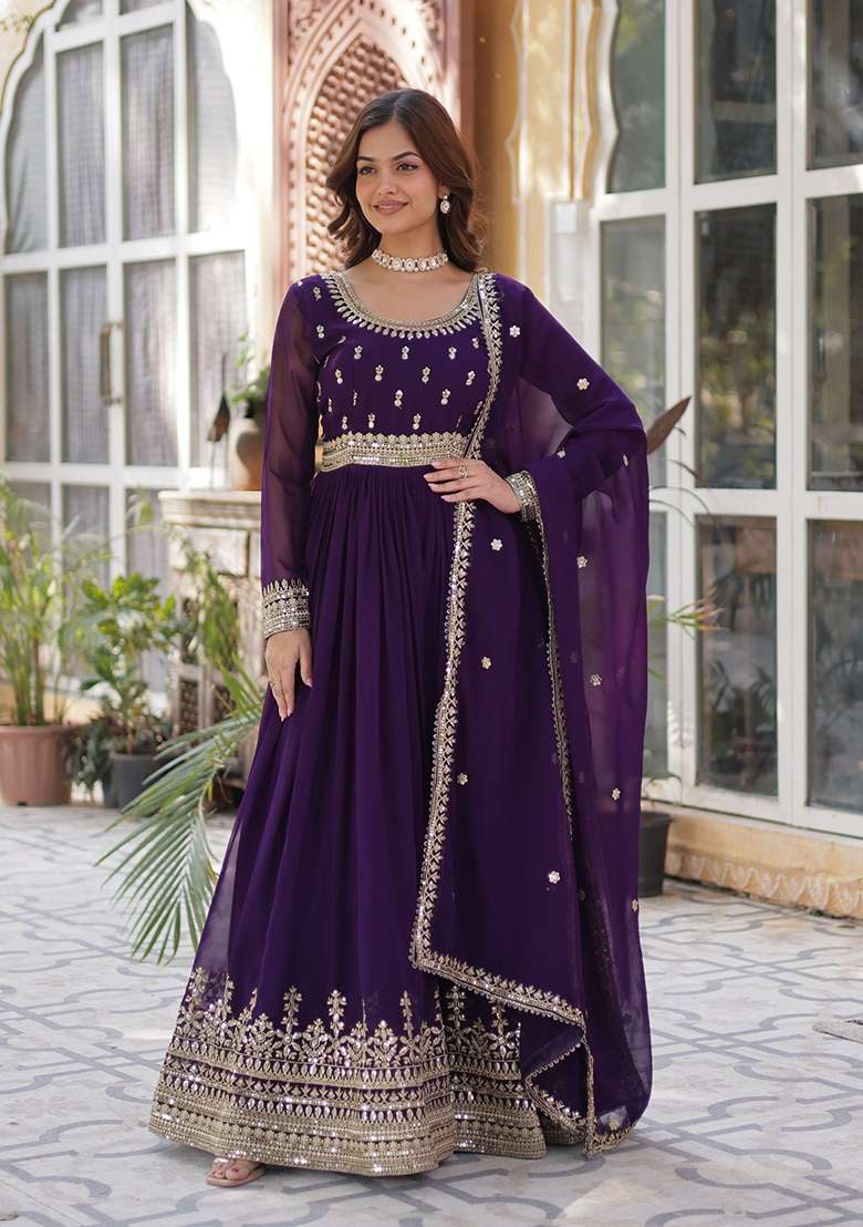 Purple Embroidered Georgette Anarkali With Dupatta - Indya