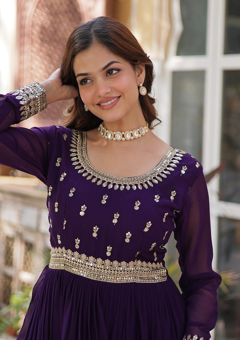 Purple Embroidered Georgette Anarkali With Dupatta - Indya