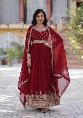 Red Embroidered Georgette Anarkali With Dupatta
