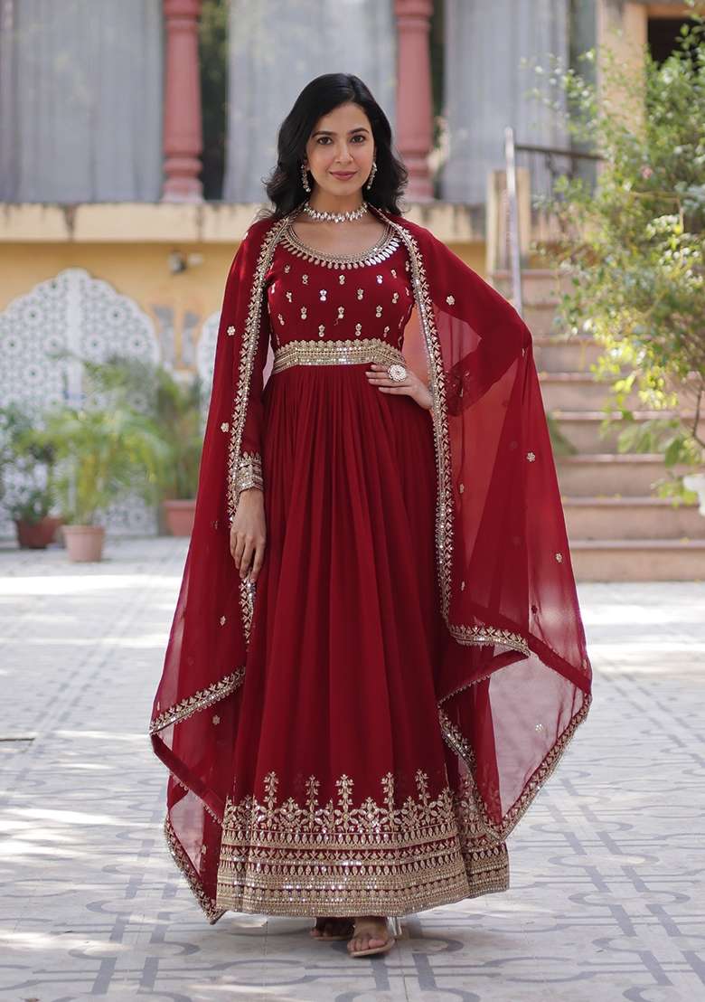 Red Embroidered Georgette Anarkali With Dupatta - Indya