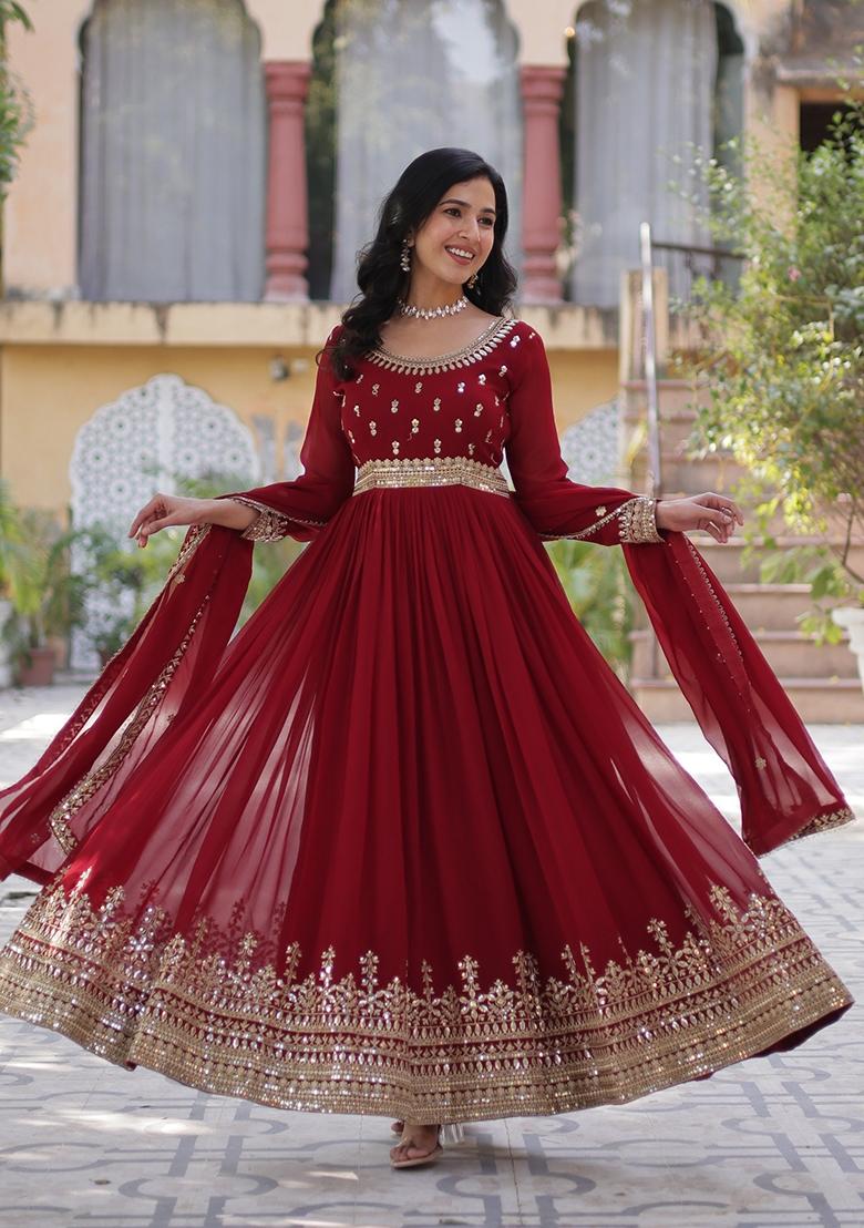 Red Embroidered Georgette Anarkali With Dupatta - Indya