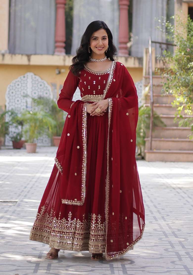 Red Embroidered Georgette Anarkali With Dupatta - Indya