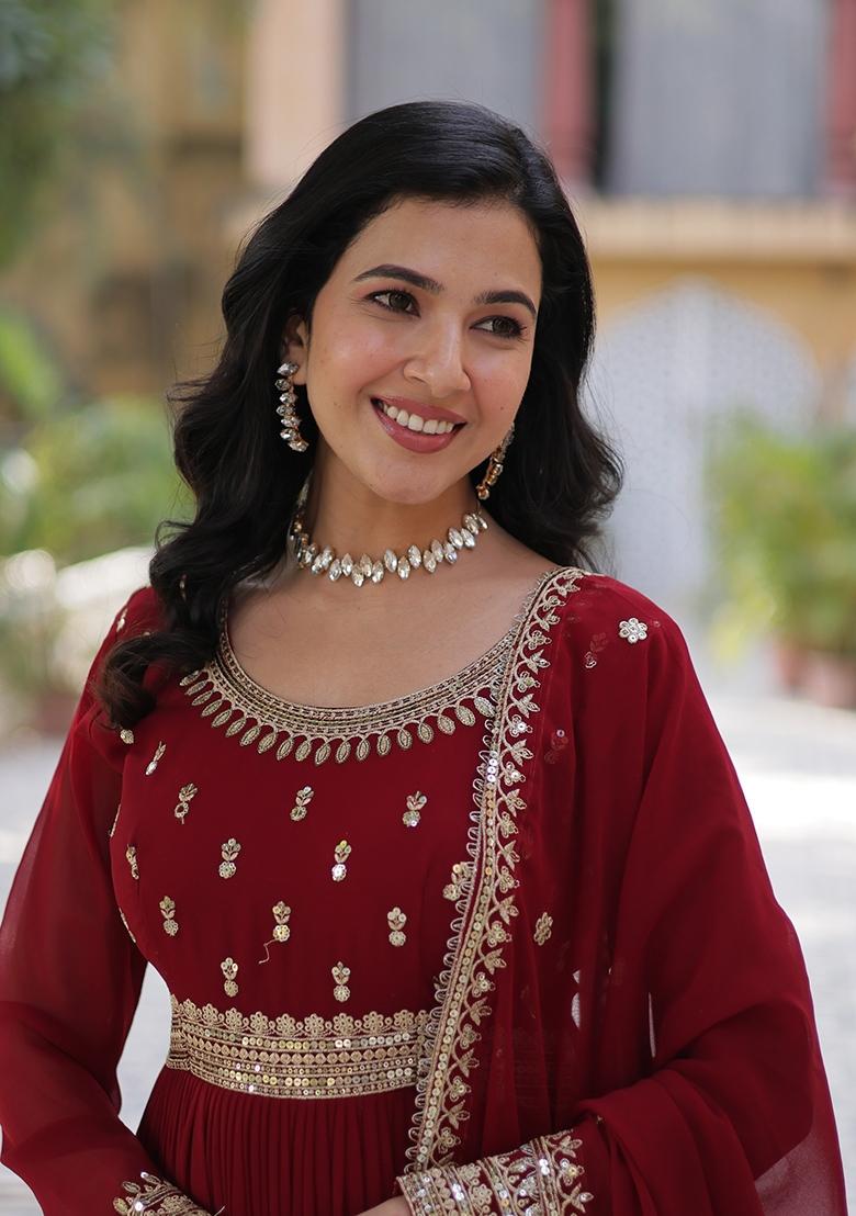 Red Embroidered Georgette Anarkali With Dupatta - Indya