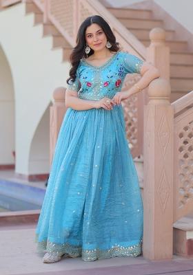 Blue Embroidered Silk Blend Anarkali