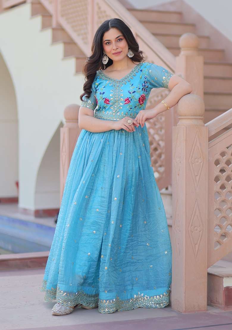 Blue Embroidered Silk Blend Anarkali - Indya