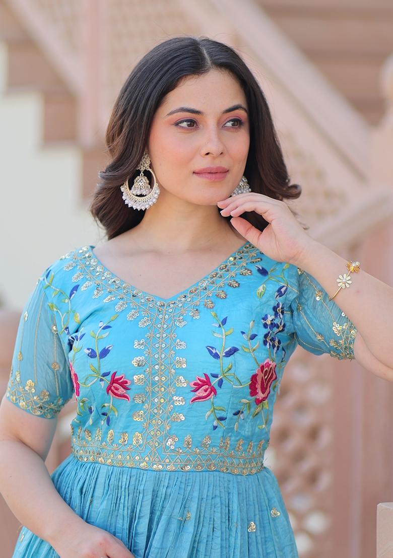 Blue Embroidered Silk Blend Anarkali - Indya