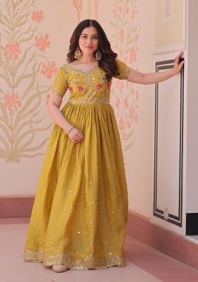 Mustard Embroidered Silk Blend Anarkali