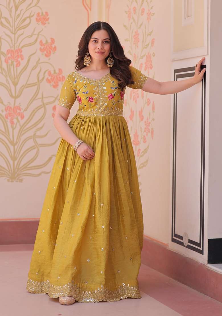 Mustard Embroidered Silk Blend Anarkali - Indya