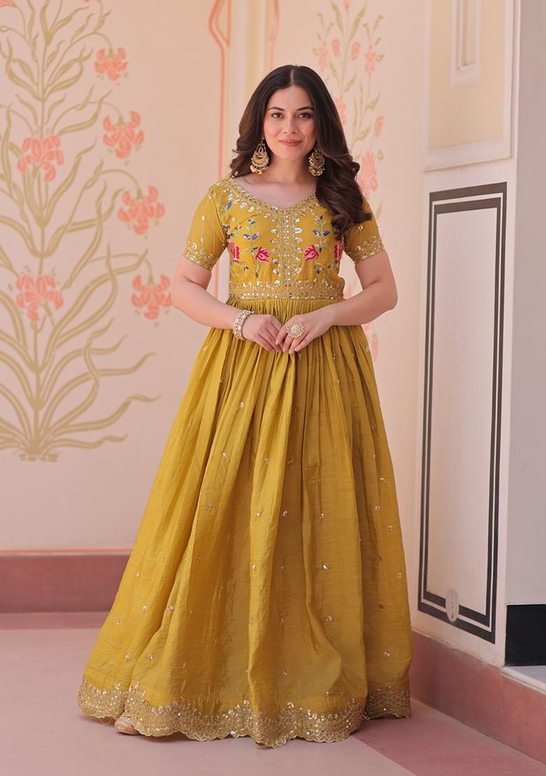 Mustard Embroidered Silk Blend Anarkali - Indya