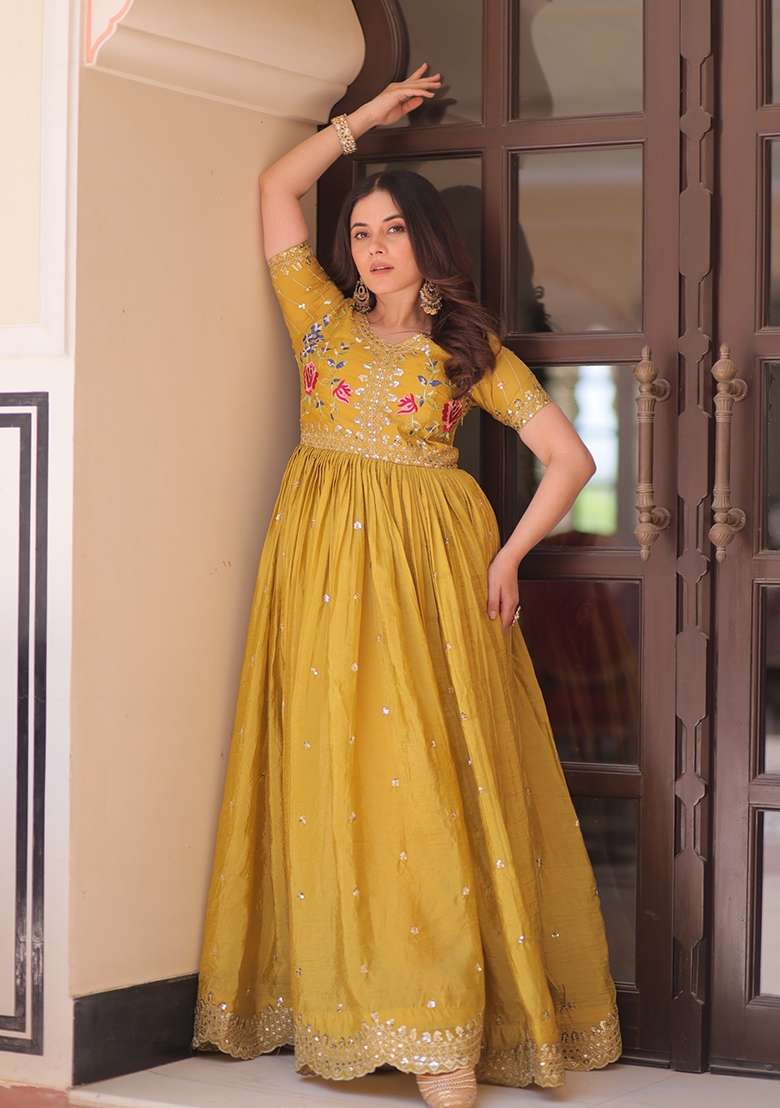 Mustard Embroidered Silk Blend Anarkali - Indya