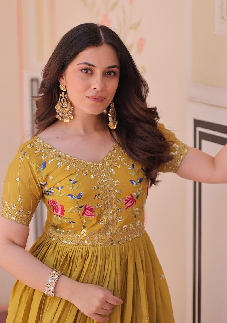 Mustard Embroidered Silk Blend Anarkali - Indya