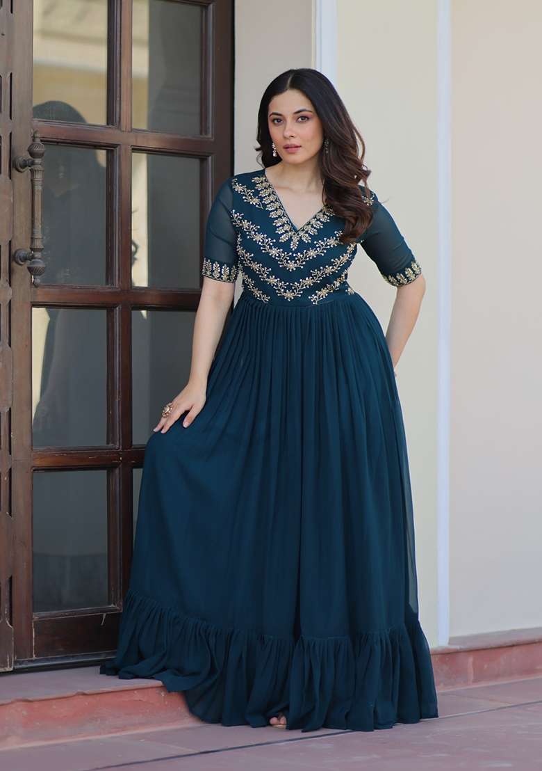 Navy Blue Embroidered Georgette Anarkali - Indya