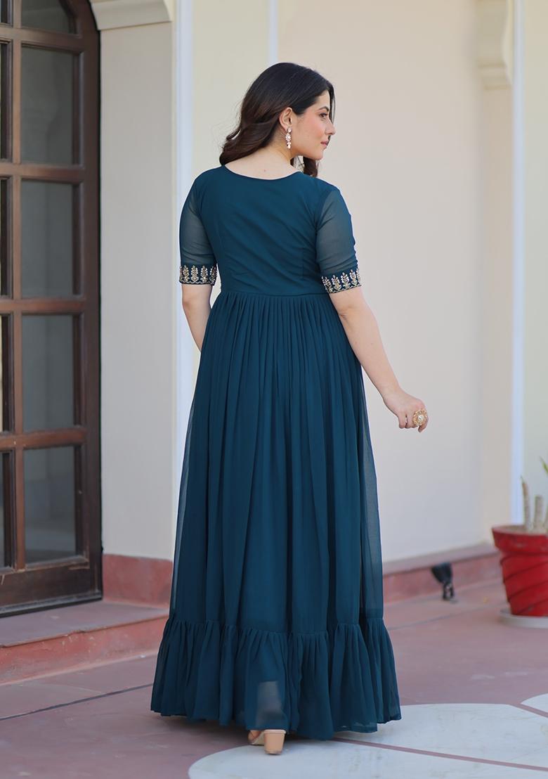 Navy Blue Embroidered Georgette Anarkali - Indya