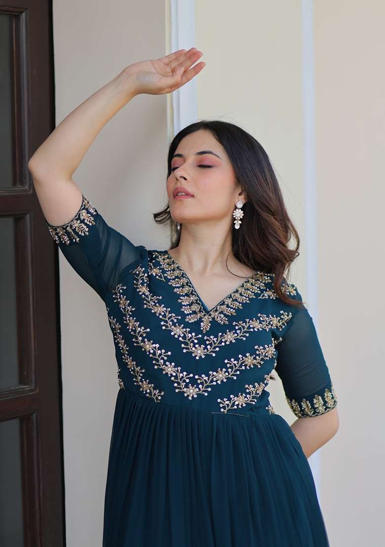 Navy Blue Embroidered Georgette Anarkali - Indya