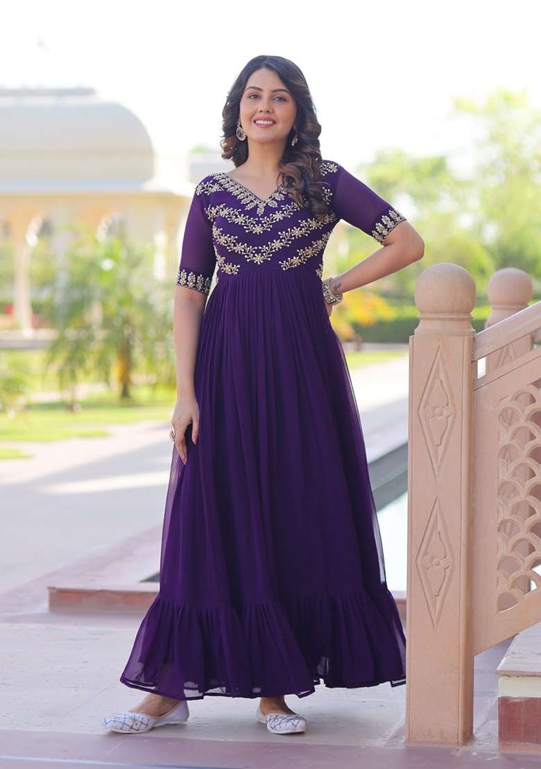 Purple Embroidered Georgette Anarkali - Indya