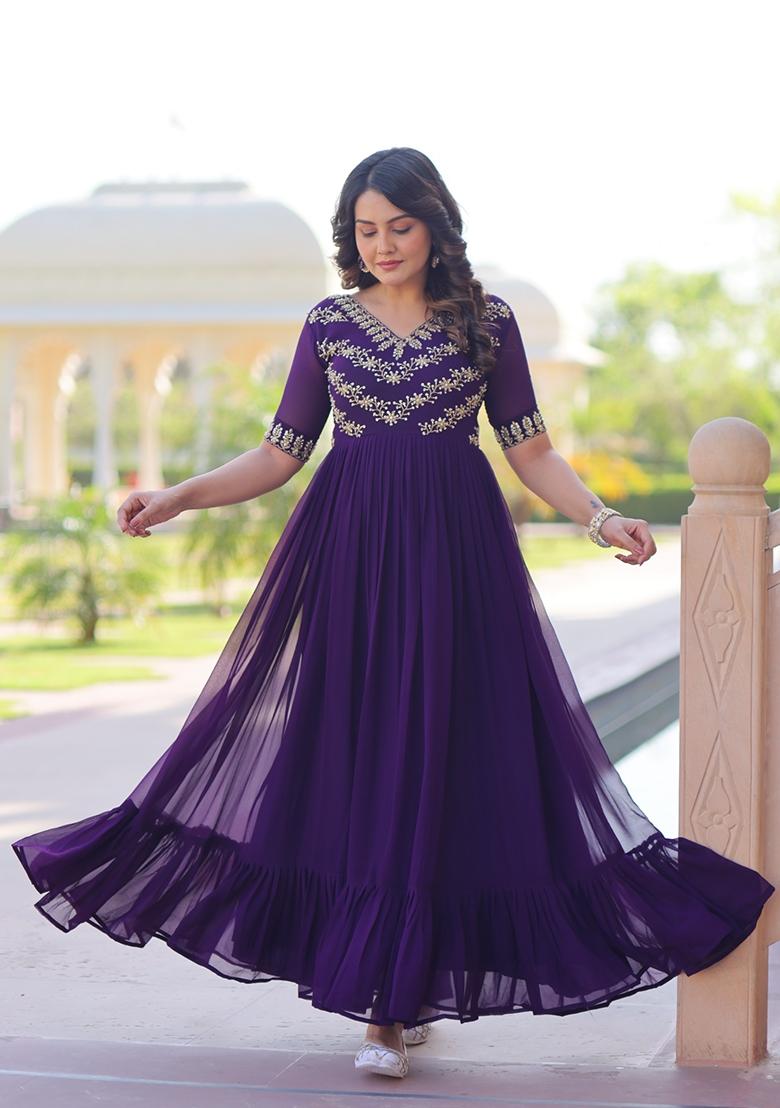Purple Embroidered Georgette Anarkali - Indya