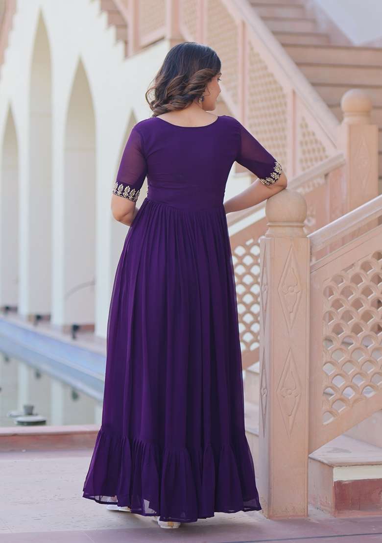 Purple Embroidered Georgette Anarkali - Indya