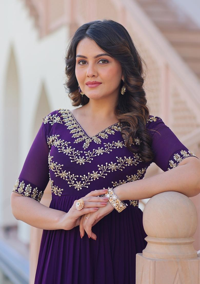 Purple Embroidered Georgette Anarkali - Indya