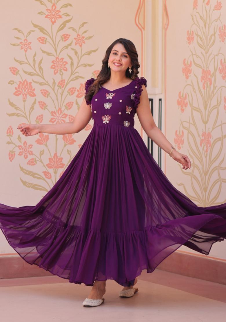 Purple Embroidered Georgette Anarkali - Indya