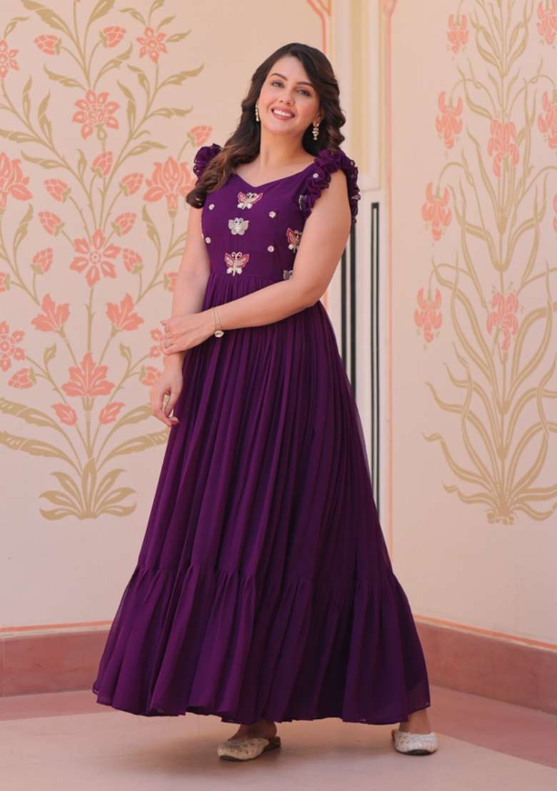 Purple Embroidered Georgette Anarkali - Indya