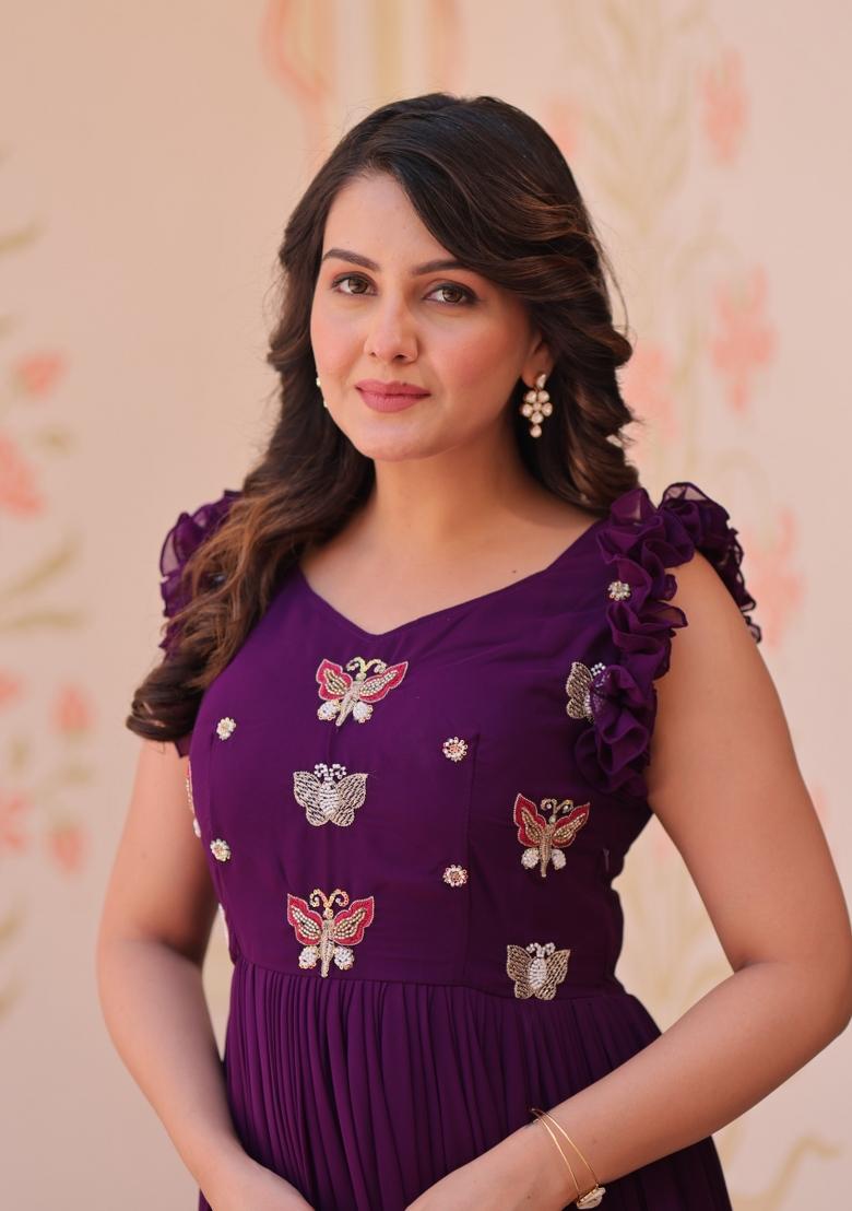 Purple Embroidered Georgette Anarkali - Indya