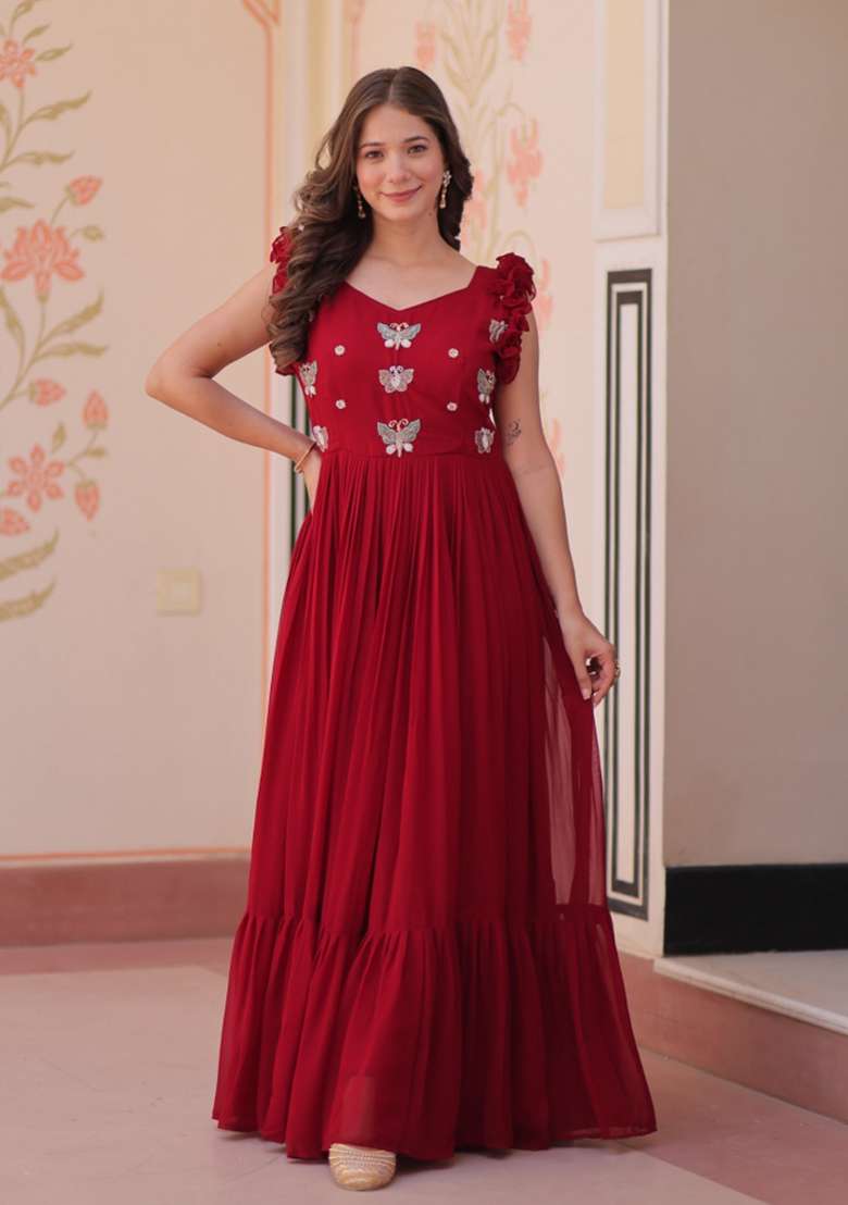 Red Embroidered Georgette Anarkali - Indya
