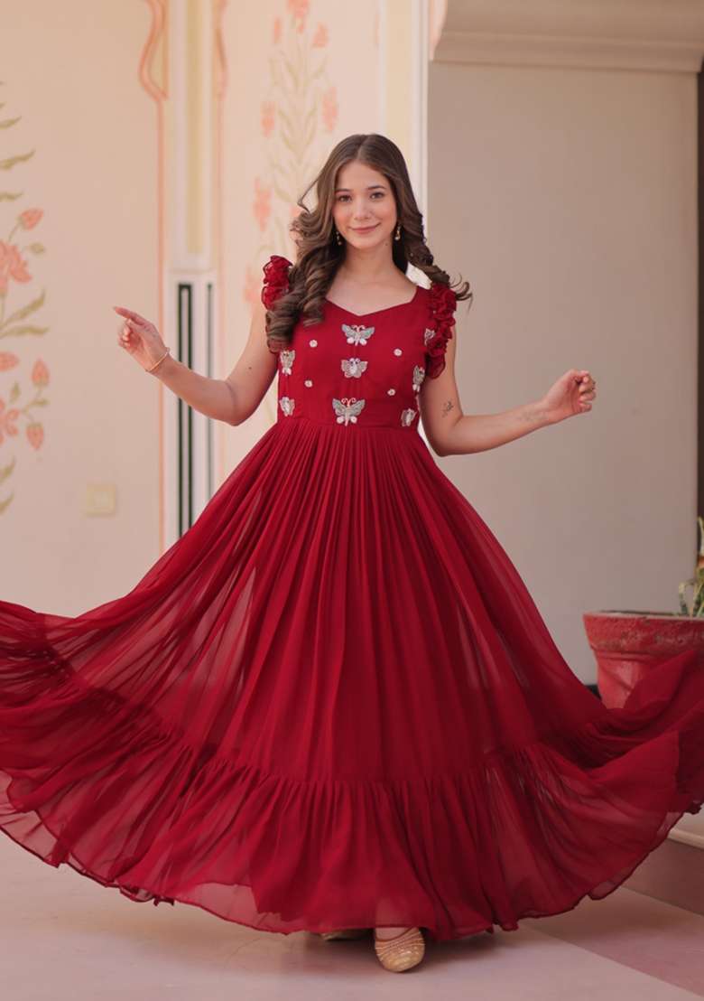 Red Embroidered Georgette Anarkali - Indya