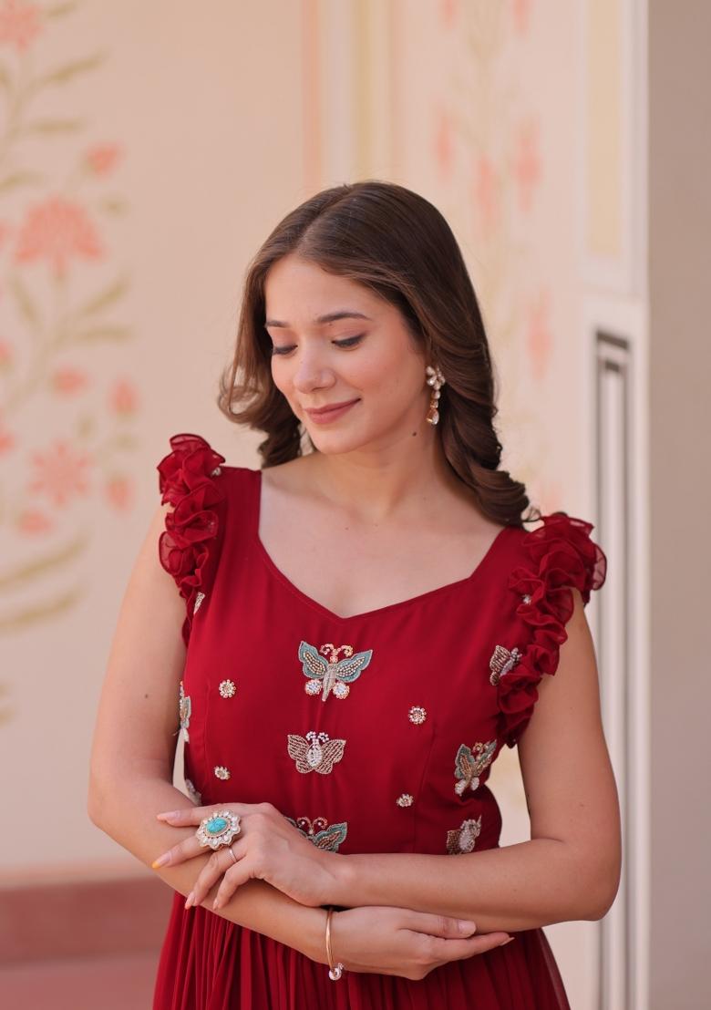 Red Embroidered Georgette Anarkali - Indya