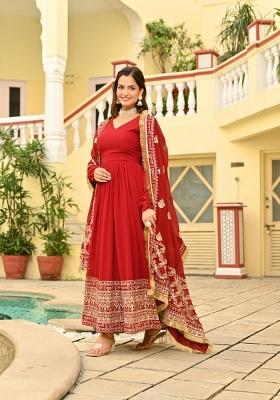 Maroon Embroidered Georgette Anarkali With Dupatta