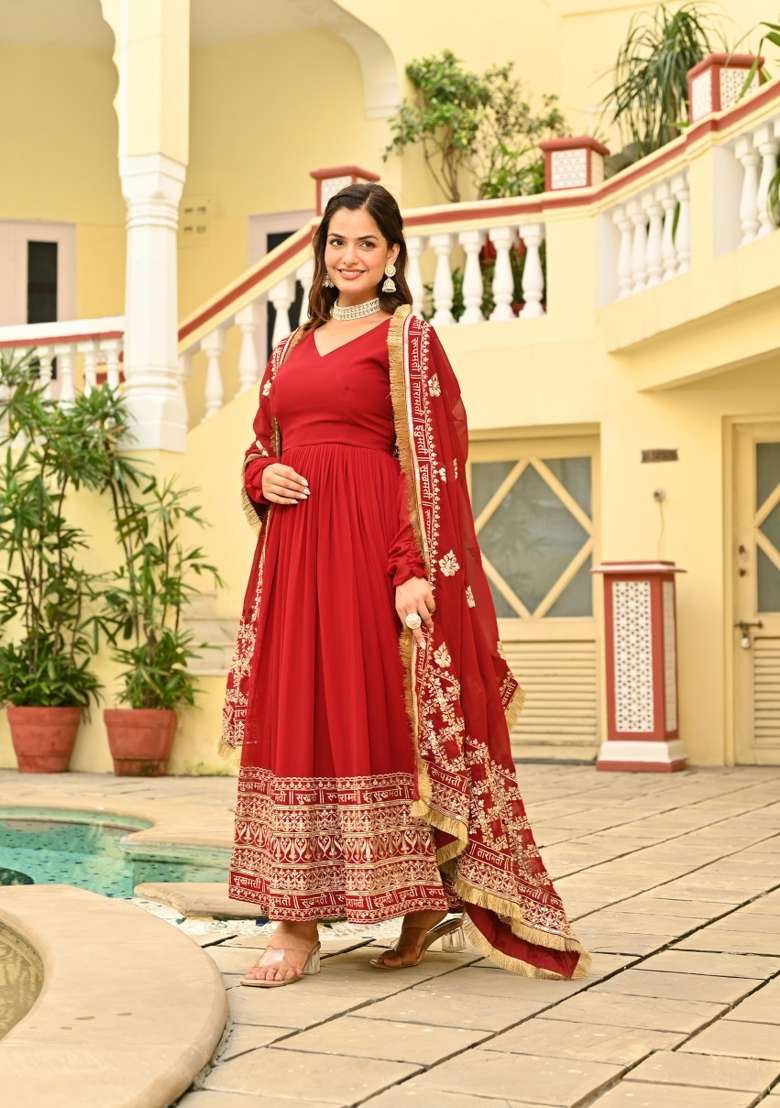 Maroon Embroidered Georgette Anarkali With Dupatta - Indya