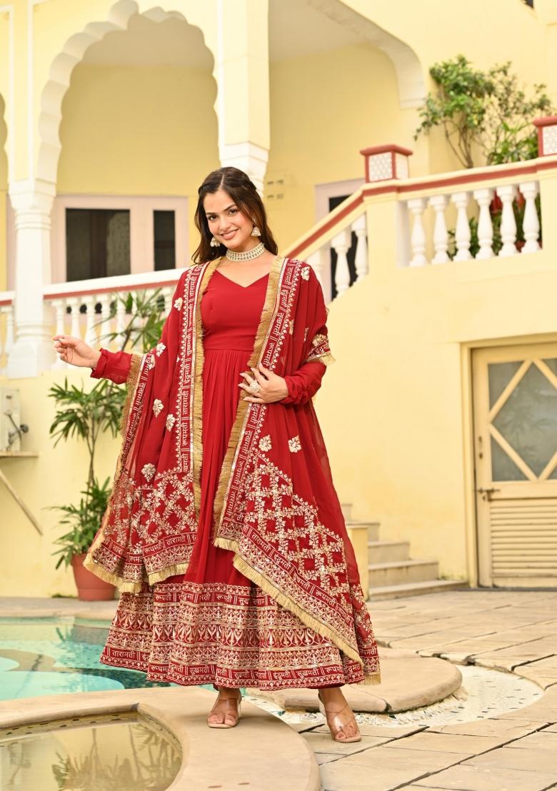Maroon Embroidered Georgette Anarkali With Dupatta - Indya