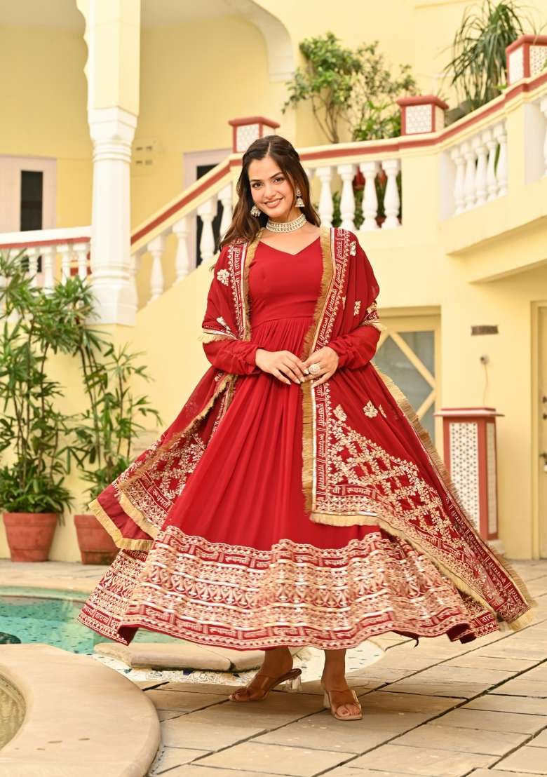 Maroon Embroidered Georgette Anarkali With Dupatta - Indya