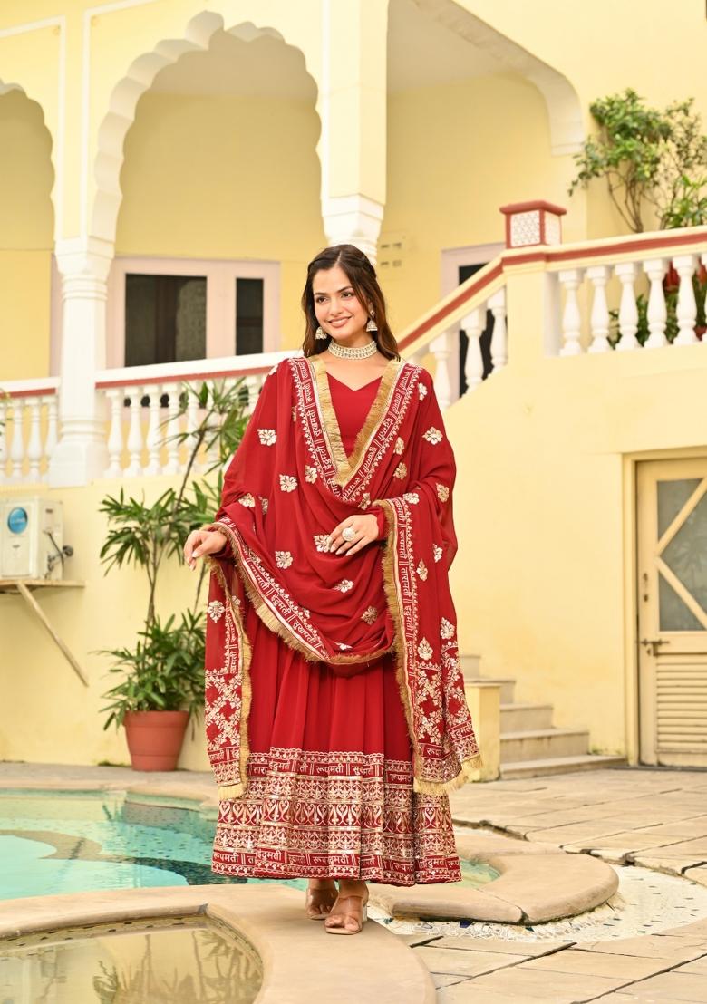 Maroon Embroidered Georgette Anarkali With Dupatta - Indya