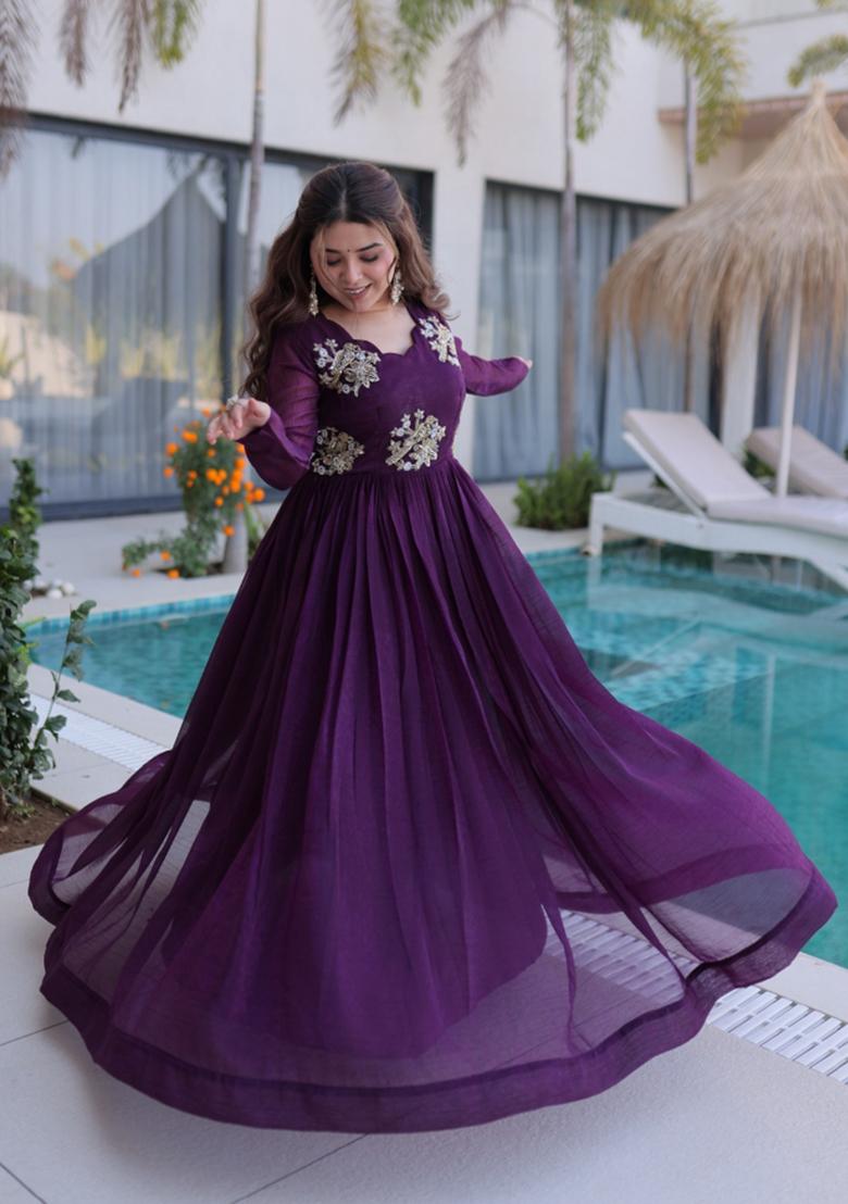 Purple Embroidered Silk Blend Anarkali - Indya