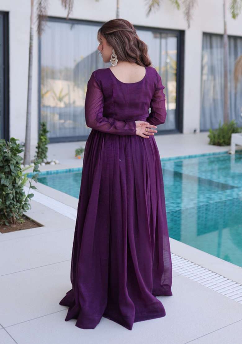 Purple Embroidered Silk Blend Anarkali - Indya