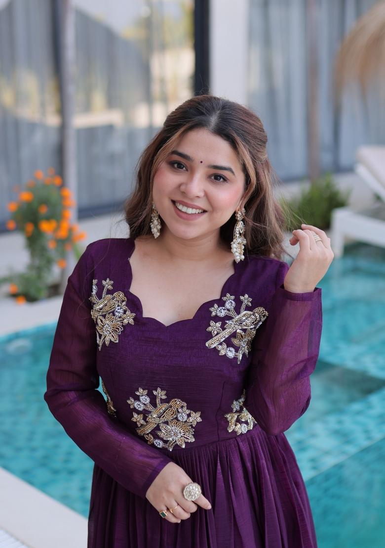 Purple Embroidered Silk Blend Anarkali - Indya