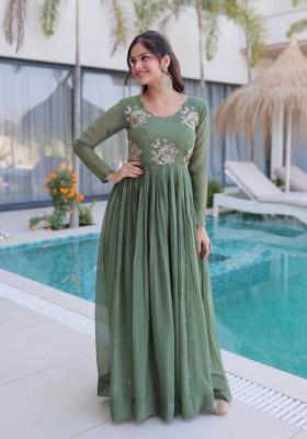 Sea Green Embroidered Silk Blend Anarkali