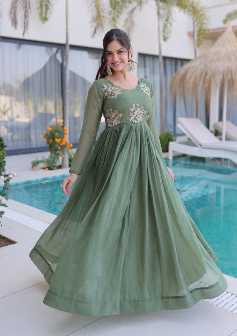 Sea Green Embroidered Silk Blend Anarkali - Indya