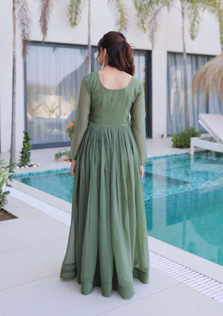 Sea Green Embroidered Silk Blend Anarkali - Indya